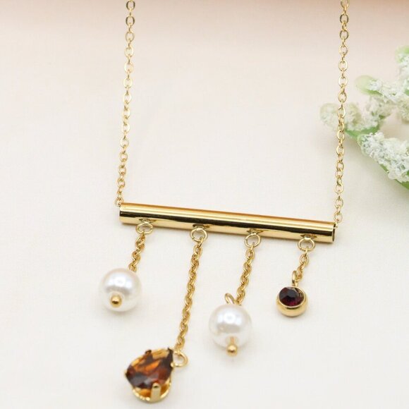 Yellow Gold Plated Pearl Drop Necklace with Crystal Charms, XPNL0361 - Picture 1 of 13